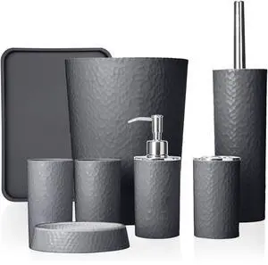 Rosewill Bathroom Accessories 8-Piece Set – Trash Can, Toilet Brush with Holder, Lotion Dispenser, Toothbrush Holder, 2 Toothbrush Cups, Soap Dish & Tray - Gray