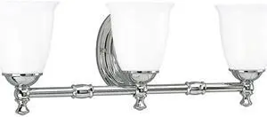 Victorian Bath Vanity, 3-Light, Polished Chrome, White Opal Glass, 24.5"W