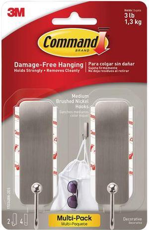 3M Command 17034BN2-ES Decorative Hooks, Medium, Brushed Nickel, 2 Hook and 4 Strips/Pack