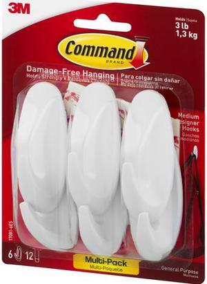 3M Command 170816ES Designer Hooks, Plastic, White, 3 lb Cap, 6 Hooks and 12 Strips/Pack