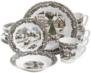 Gibson Christmas Toile 16-Piece Holiday Assorted Porcelain Dinnerware Set (Service for 4)