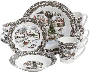 Gibson Christmas Toile 16-Piece Dinnerware Set - Decorated - Fine Ceramic