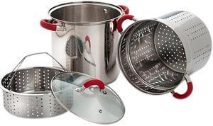 Cook Pro 525 8 Quart Multifunction Stainless Steel Pasta Cooker with Encapsulated Base, Vented Glass Lid and Red  Riveted Silicone Covered Handles