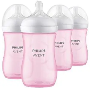 Philips Avent Natural Baby Bottles with Natural Response Nipples (Medium Flow, Flow 3), 9oz, Pink, 4-pack, SCY903/14