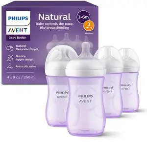 Philips Avent Natural Baby Bottle With Natural Response Nipple, Purple, 9oz 4pk, SCY903/34