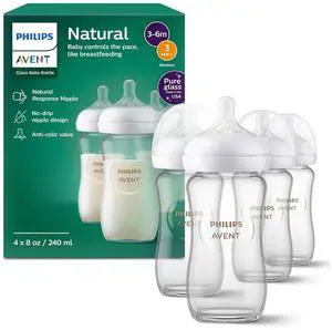 Philips Avent Glass Natural Baby Bottle With Natural Response Nipple, 8oz, 4pk, SCY913/04