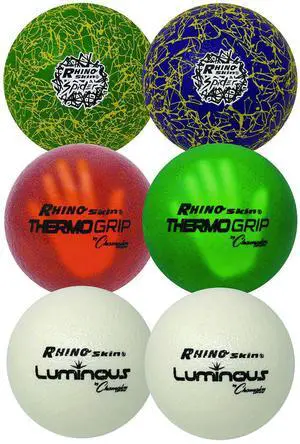 Champion Sports RXVARIETYSET Rhino Skin Luminous, Spider and ThermoGrip Dodgeball Set - 6.3" Diameter - Assorted Colors - 6/Set
