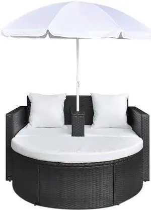vidaXL Black Garden Poly Rattan Lounge Set with Parasol Outdoor vidaXL Black Garden Poly Rattan Lounge Set with Parasol Outdoor