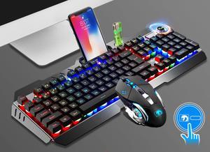 Rainbow LED Backlit Multimedia Ergonomic Usb Gaming Keyboard with a Phone Stand and Lighter Stand +  Gaming Mouse for Laptop Computer