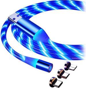 LED Flowing Magnetic Charger Blue Cable Light Up Candy Moving Party Shining Charger Phone Charging Cable Magnetic Streamer Absorption USB Snap Quick Connect 3 in 1 USB Cable