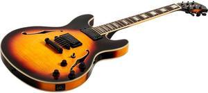 Monoprice Indio Boardwalk Flamed Maple Hollow Body Electric Guitar  Sunburst With Gig Bag