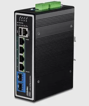 TRENDnet 10-Port Hardened Industrial Unmanaged Gigabit PoE ++ DIN-Rail Switch, 4 Gigabit PoE++ Ports, 4 Gigabit PoE+, 2 Gigabit Share Ports SFP or RJ-45, 360W Power Budget, Black, TI-BG104