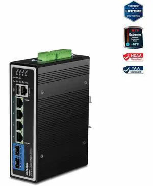 TRENDnet 10-Port Hardened Industrial Unmanaged Gigabit PoE ++ DIN-Rail Switch, 4 Gigabit PoE++ Ports, 4 Gigabit PoE+, 2 Gigabit Share Ports SFP or RJ-45, 360W Power Budget, Black, TI-BG104