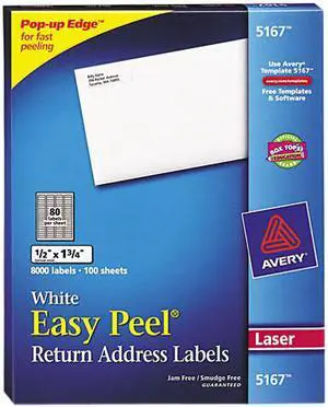 Avery Easy Peel Return Address Labels, Sure Feed Technology, Permanent Adhesive, 1/2" x 1-3/4", 8,000 Labels (5167)
