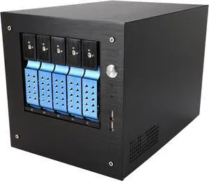 iStarUSA S-35-DE5BL Black Aluminum / Steel Tower Compact Stylish 5x 3.5" Hotswap Trayless mini-ITX Tower - Blue HDD Handle