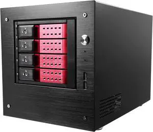 iStarUSA S-35-DE4RD Black Aluminum / Steel Tower Compact Stylish 4 x 3.5" Hotswap Trayless mini-ITX Tower - Red HDD Handle