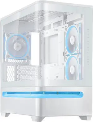 ASUS Prime AP202 ARGB White mATX case with fully tempered curved glass, supports graphics cards up to 420mm long, 360mm long radiators, easy-detach rail, patented slot vent, built-in three ARGB fans