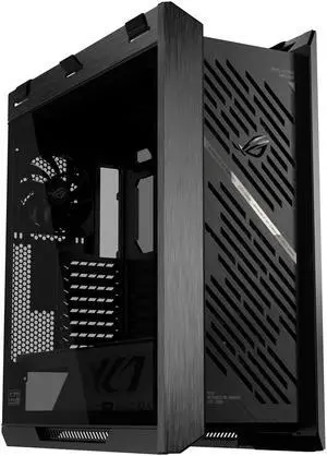 The ASUS ROG Strix Helios II is an EATX mid-tower gaming PC case featuring dual tempered glass panels and an aluminum diamond-grille design, four pre-installed fans for advanced cooling, and support f