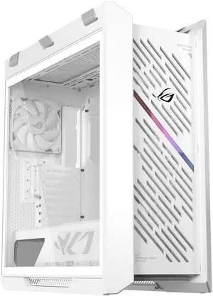 The ASUS ROG Strix Helios II White Edition is an EATX mid-tower gaming PC case featuring dual tempered glass panels and an aluminum diamond-grille design, four pre-installed fans for advanced cooling,