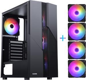 SAMA Sama-M2-TG Black USB3.0 Steel/ Tempered Glass ATX Mid Tower Gaming Computer Case w/Tempered Glass Panel and 4 x 120mm Autoflow Rainbow LED Fans (Pre-Installed)