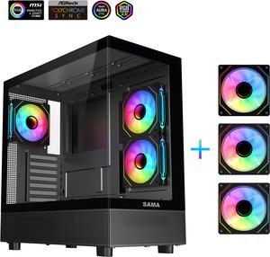 Sama Neview 4361 Black Dual USB3.0 and Type C Tempered Glass ATX Mid Tower Gaming Computer Case w/ 3 x 120mm ARGB Fans (2 x MB Side, 1 x Rear) Pre-Installed