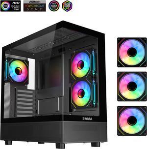 Sama Neview 4361 Black Dual USB3.0 and Type C Tempered Glass ATX Mid Tower Gaming Computer Case w/ 3 x 120mm ARGB Fans (2 x MB Side, 1 x Rear) Pre-Installed