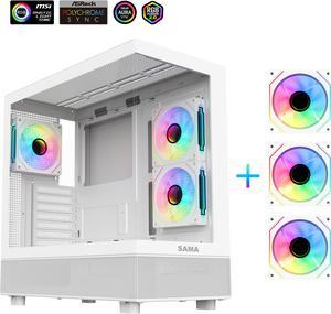 Sama Neview 4361 White Dual USB3.0 and Type C Tempered Glass ATX Mid Tower Gaming Computer Case w/ 3 x 120mm ARGB Fans (2 x MB Side, 1 x Rear) Pre-Installed