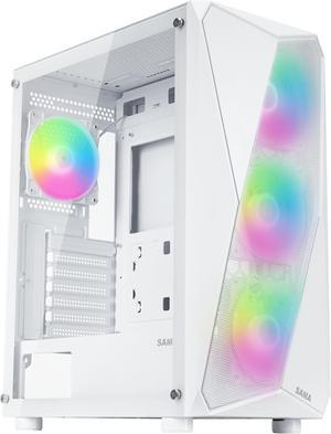 Sama 3313 White USB3.0 Tempered Glass Micro ATX Tower Gaming Computer Case w/ 4 x 120mm ARGB Fans (Pre-Installed)