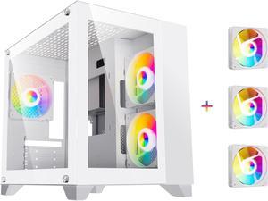 DIYPC ARGBQ3v2W White USB30 Tempered Glass Micro ATX Gaming Computer Case w Dual Tempered Glass Panel and 3 x ARGB LED Fans PreInstalled