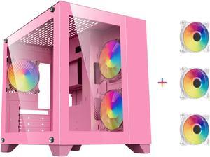 DIYPC ARGB-Q3.v2-Pink Pink USB3.0 Tempered Glass Micro ATX Gaming Computer Case w/ Dual Tempered Glass Panel and 3 x ARGB Fans (Pre-Installed)