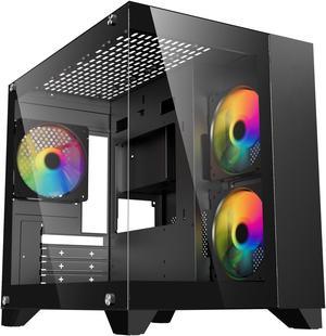 DIYPC DIYCUBE01BK Black USB30 Tempered Glass Micro ATX Gaming Computer Case w Dual Tempered Glass Panel Fans Not Included