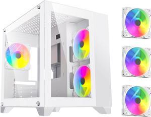 DIYPC ARGB-Q3.v2-W White USB3.0 Tempered Glass Micro ATX Gaming Computer Case w/ Dual Tempered Glass Panel and 3 x ARGB LED Fans (Pre-Installed)