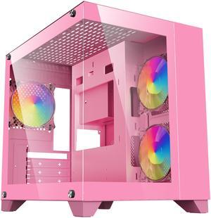 DIYPC ARGB-Q1.V2-P Pink USB3.0 Tempered Glass Micro ATX Gaming Computer Case w/ Dual Tempered Glass Panel and 3 x ARGB 120mm Fans (Pre-Installed)