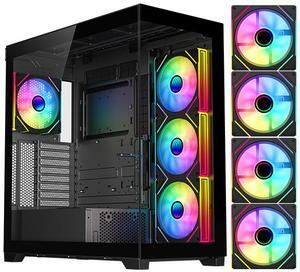 DIYPC  Vanguard-F2-BK -Black Dual USB3.0 and Type C Tempered Glass ATX Full Tower Gaming Computer Case w/ 4 x 140mm ARGB PWM Fans (3 x MB Side, 1 x Rear) Pre-Installed. Support BTF Back Plug MB.