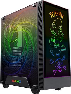 Gamemax Kreator Black USB3.0 Tempered Glass ATX Mid Tower Gaming Computer Case w/ Drawable ARGB GIF on Front Panel and 1 x ARGB Fan x Rear (Pre-Installed)