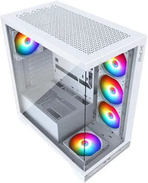 XPG Invader X Mid Tower Gaming PC Case, Supports ATX/Micro-ATX/Mini-ITX, Dual Tempered Glass Side Panel, Support 240/360 AIO Radiator, Included 4x Pre-Installed RGB Reverse Blade Fans, White.