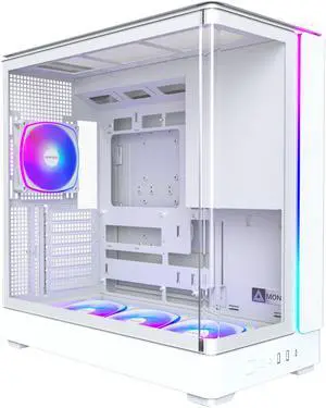 MONTECH KING 45 PRO ATX PC Case, Curved Panoramic Glass, Chimney Airflow, 360mm Radiator Support, Compact Build for High-Performance Systems, 6 ARGB PWM Fan Pre-Installed with Fan Hub, White