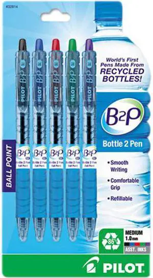 B2P Recycled Ballpoint Pen, 1.0 mm, Assorted Ink, 5/Pk