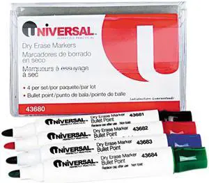 Universal Dry Erase Whiteboard Markerss, Bullet Tip, Assorted, 4/Set, ST - UNV43680