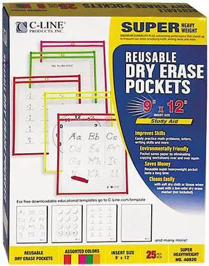 Reusable Dry Erase Pockets, 9 x 12, Assorted Neon Colors, 25/Box 40820