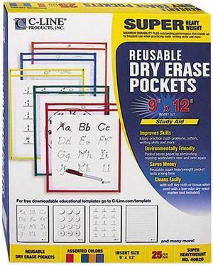 C-Line Reusable Dry Erase Pockets, 9 X 12, Assorted Primary Colors, 25/Box 40620