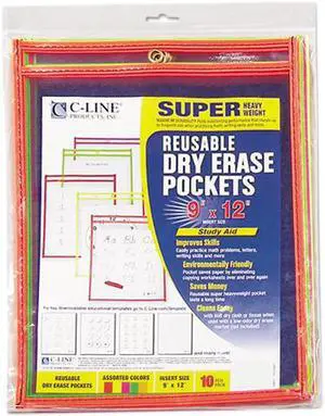 C-Line Reusable Dry Erase Pockets, 9 X 12, Assorted Neon Colors, 10/Pack 40810