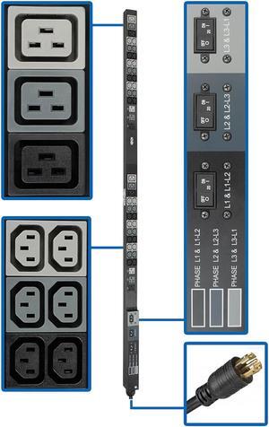 Tripp Lite 8.6kW 208/120V Three-Phase Basic PDU - 48 Outlets (36 C13, 6 C19, 6 5-15/20R), L21-30P Input, 6 ft. Cord, 70 in. 0U Rack (PDU3V6L2130)