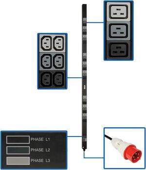 Tripp Lite 11.5kW 3-Phase Basic PDU - 45 208-240V Outlets (36 C13, 9 C19), IEC 309 16/20A Red 360-415V Input, 6 ft. Cord, 70 in. 0U, TAA (PDU3XV6G20)