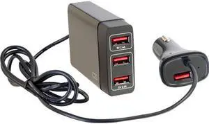 C2G 21067 4-Port USB Car Charger with Extension for Passengers, 5.8A Output