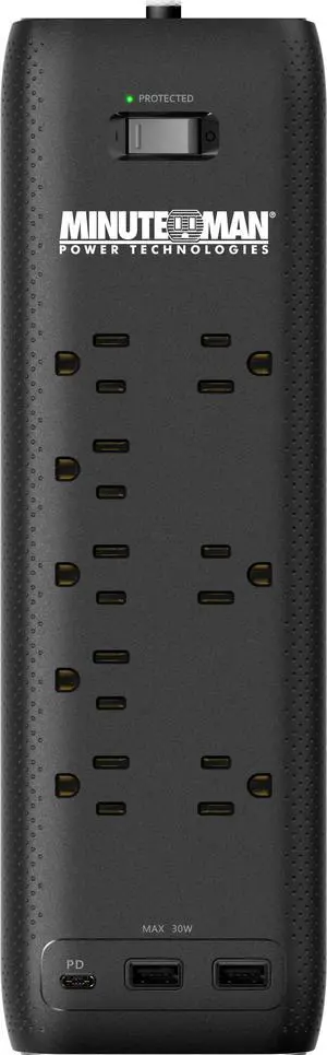 Minuteman MMS-STP8U3 MMS 8-outlet surge protector, (8) grounded outlets - (3) are transformer spaced, (2) USB Type A & (1) USB Type C Chargers, 5V 30W (combined) charging capacity, UL 1449, UL 1363