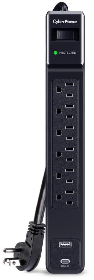 CyberPower CSP604UC Home Office 6 - Outlet Surge Protector with 1500 J Surge Suppression, Clamping Voltage 800V, 4 ft Cord, NEMA 5-15P, 45 degrees Offset Right, Black