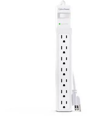 CyberPower CSB706W Essential 7 - Outlet Surge Protector with 1800 J Surge Suppression, Clamping Voltage 800V, 6 ft Cord, NEMA 5-15P, Straight, 15 Amp, EMI/RFI Filtration, White, RG6 Coaxial Protection