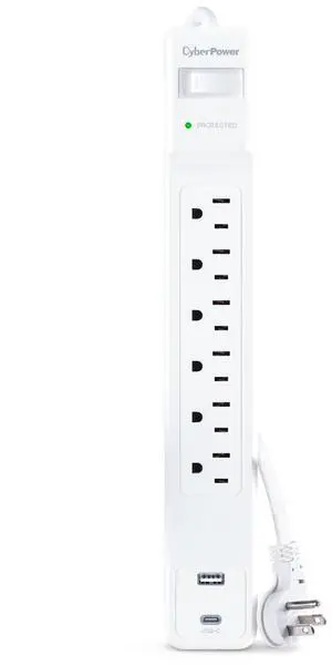 CyberPower CSP604UCW Home Office 6 - Outlet Surge Protector with 1500 J Surge Suppression, Clamping Voltage 800V, 4 ft Cord, NEMA 5-15P, 45 degrees Offset Right, White