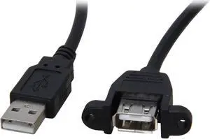 C2G 28063 Panel-Mount USB 2.0 A Male to A Female Cable, Black (2 Feet, 0.60 Meters)